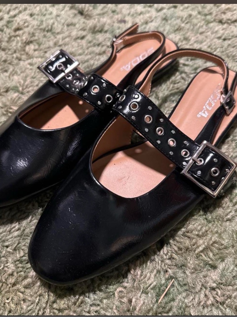 Soda Black Grommet Buckle Slingback Flats